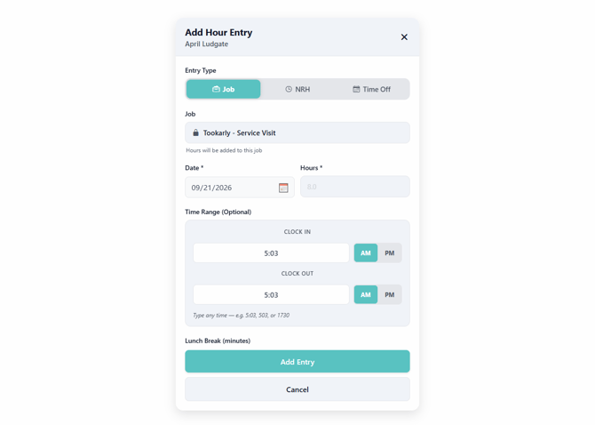 add hour entry screen